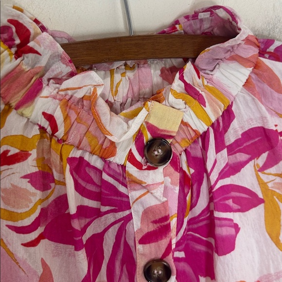 THML Floral Puff Sleeve Blouse Medium Pink Orange Tropical Ruffle Neck - Picture 8 of 16